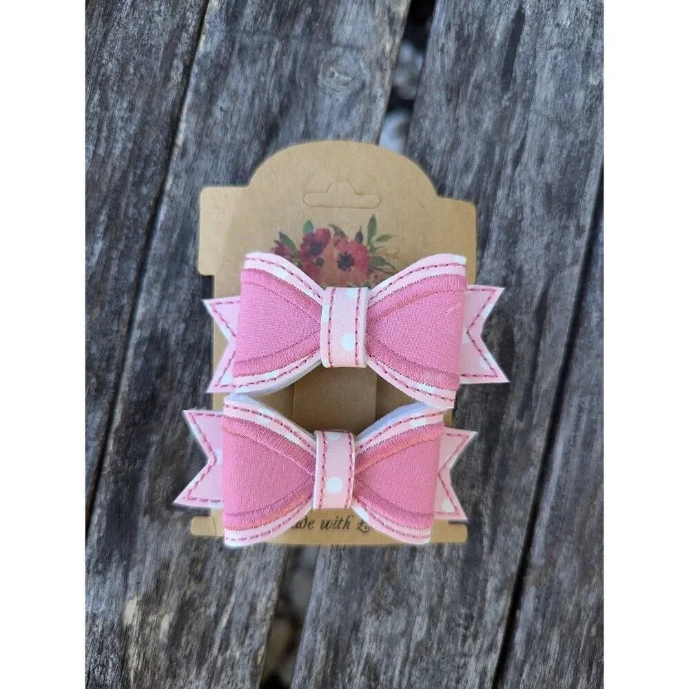 2 embroidered vinyl pink hair bow barrettes brand new